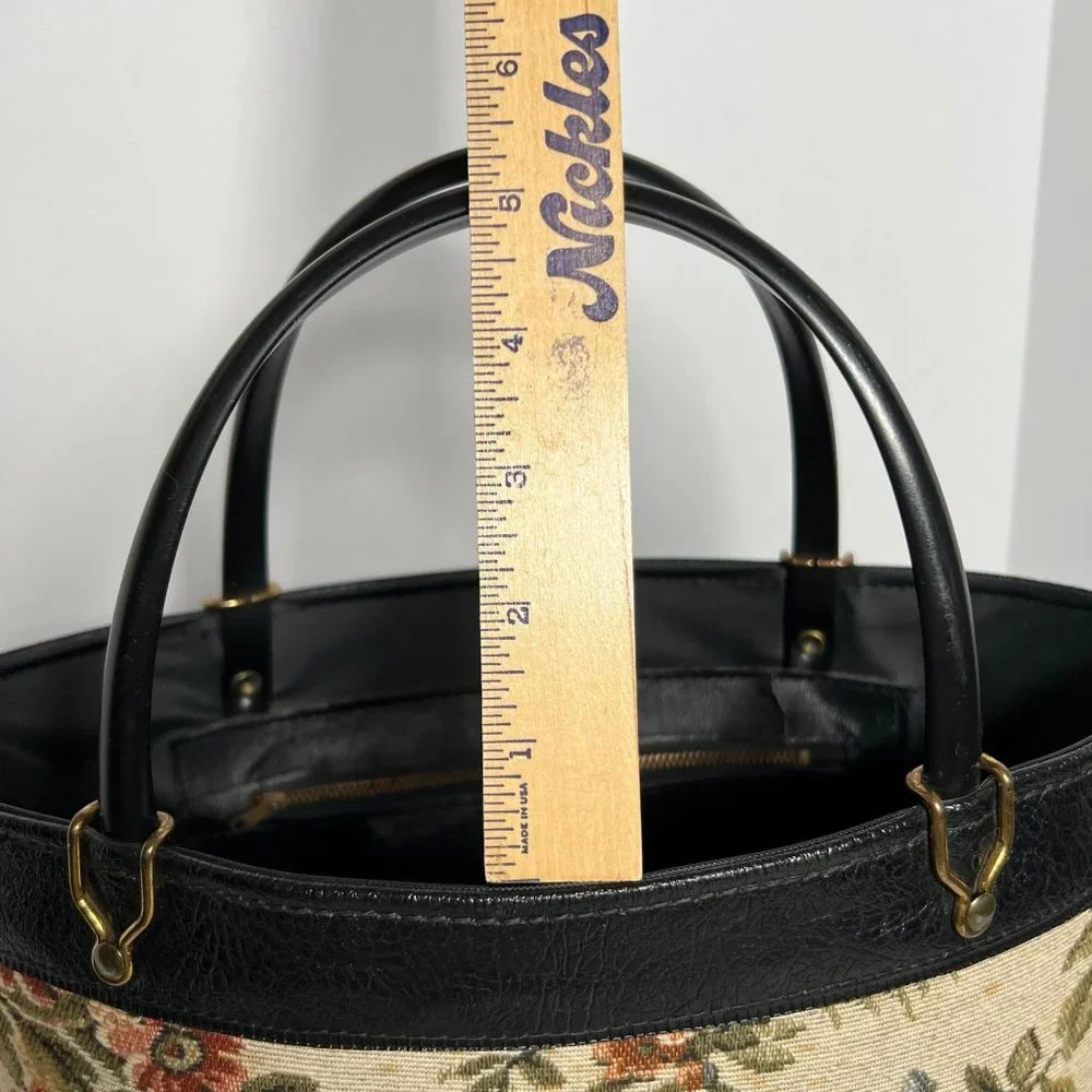 Vintage Handbag‎ Black with Tapestry Front craft bag hard side purse granny bag